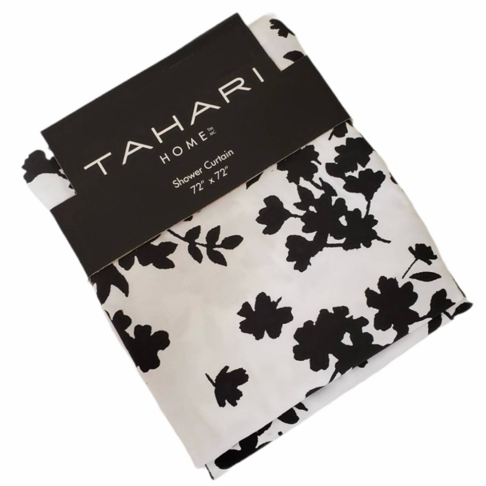 Tahari Black and White Floral Fabric Shower Curtain 72 x 72 Brand New
